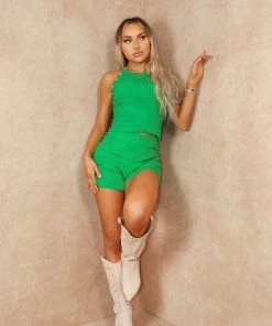 Miss Moda Luxe Green Toweling Two Piece With Gold Button Detailing