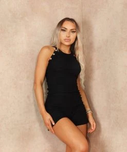 Miss Moda Luxe Black Toweling Two Piece With Gold Button Detailing