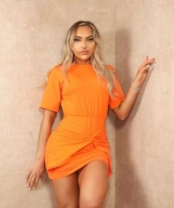 Miss Moda Luxe Orange Knot Shoulder Pad T-shirt Mini Dress