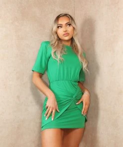 Miss Moda Luxe Green Knot Shoulder Pad T-shirt Mini Dress