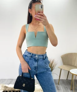 Miss Moda Luxe Sage Green Slinky V Notch Crop Top