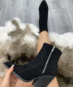 Miss Moda Luxe Black Ankle Faux Suede Embroidered Cowboy Boot