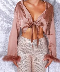Miss Moda Luxe Pink Feather Cuff Cropped Satin Shirt -Miss Moda Luxe Shop XMASPIA 138edit scaled