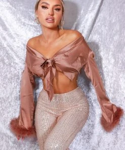 Miss Moda Luxe Pink Feather Cuff Cropped Satin Shirt