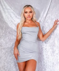 Miss Moda Luxe Silver Sparkle Cowl Neck Bodycon Mini Dress