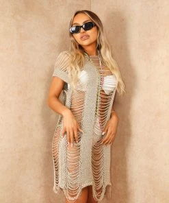 Miss Moda Luxe Beige Tassel Cut Out Beach Cover Up Dress
