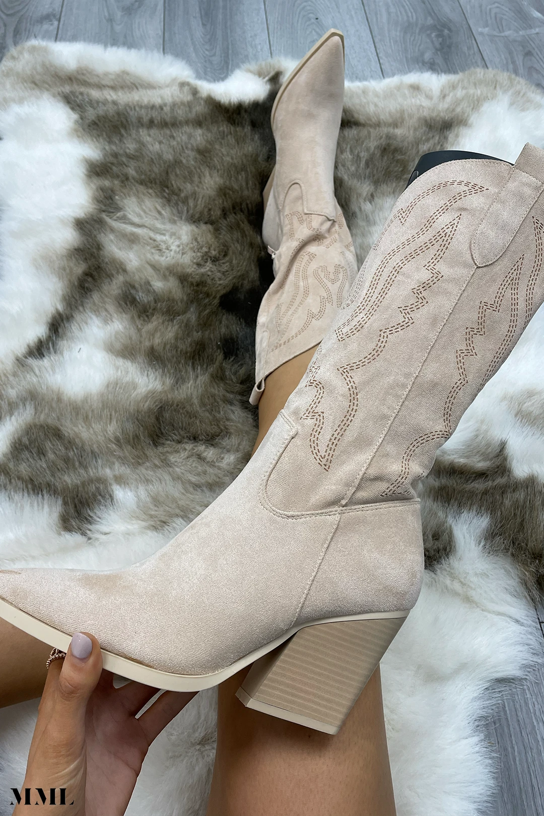 Miss Moda Luxe Beige Almond Toe Mid Calf Embroidered Cowboy Boot 1 Miss Moda Luxe Beige Almond Toe Mid Calf Embroidered Cowboy Boot