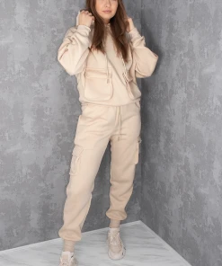 Miss Moda Luxe Beige Cargo Pocket Co Ord Tracksuit Set