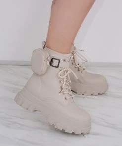 Miss Moda Luxe Beige Chunky Matte Leather Platform Boots With Side Pouch