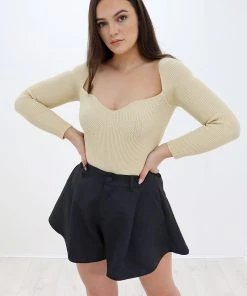 Miss Moda Luxe OUT OF LINE BEIGE SQUARE NECK RIBBED KNIT BODYSUIT -Miss Moda Luxe Shop beigebodyfront scaled