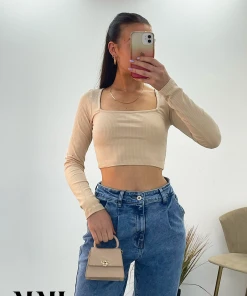 Miss Moda Luxe Beige Ribbed Square Neck Long Sleeve Crop Top