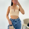 Miss Moda Luxe Beige Slinky V Notch Crop Top