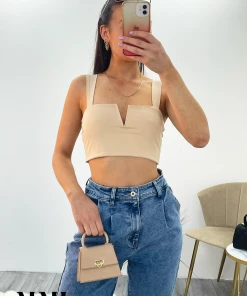 Miss Moda Luxe Beige Slinky V Notch Crop Top