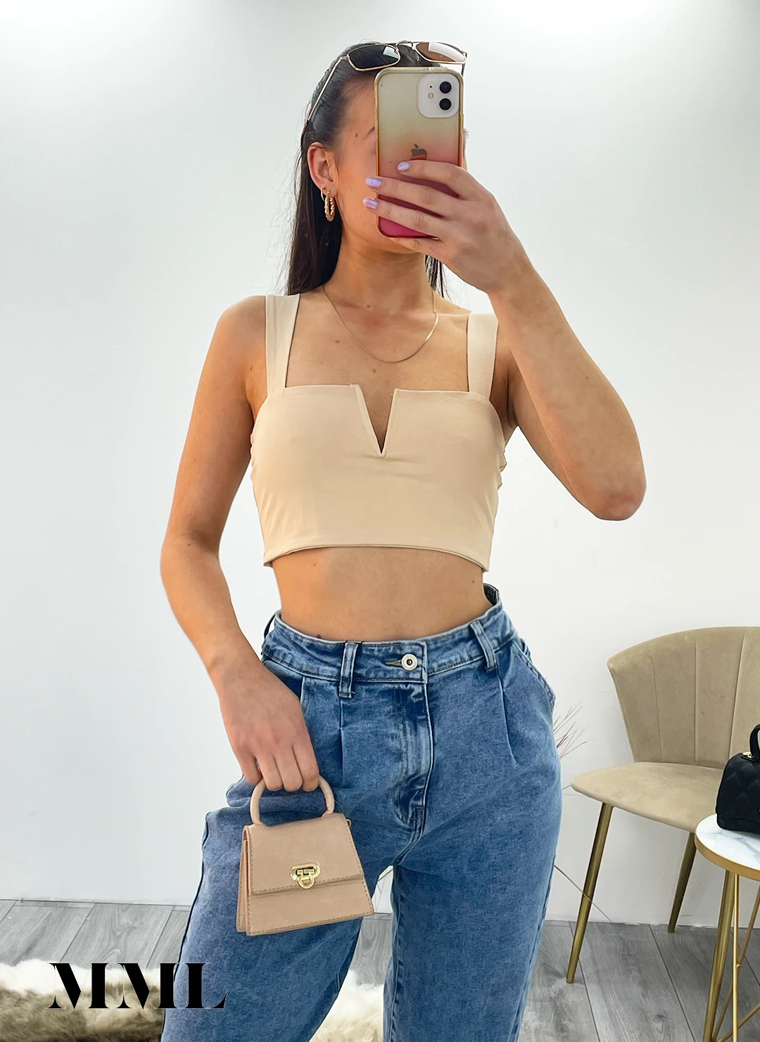 Miss Moda Luxe Beige Slinky V Notch Crop Top 1 Miss Moda Luxe Beige Slinky V Notch Crop Top