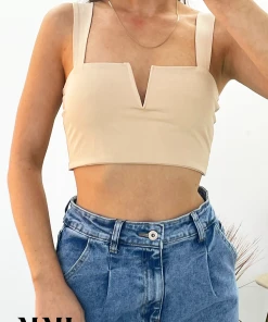 Miss Moda Luxe Beige Slinky V Notch Crop Top 5 Miss Moda Luxe Beige Slinky V Notch Crop Top -Miss Moda Luxe Shop beigecloseup
