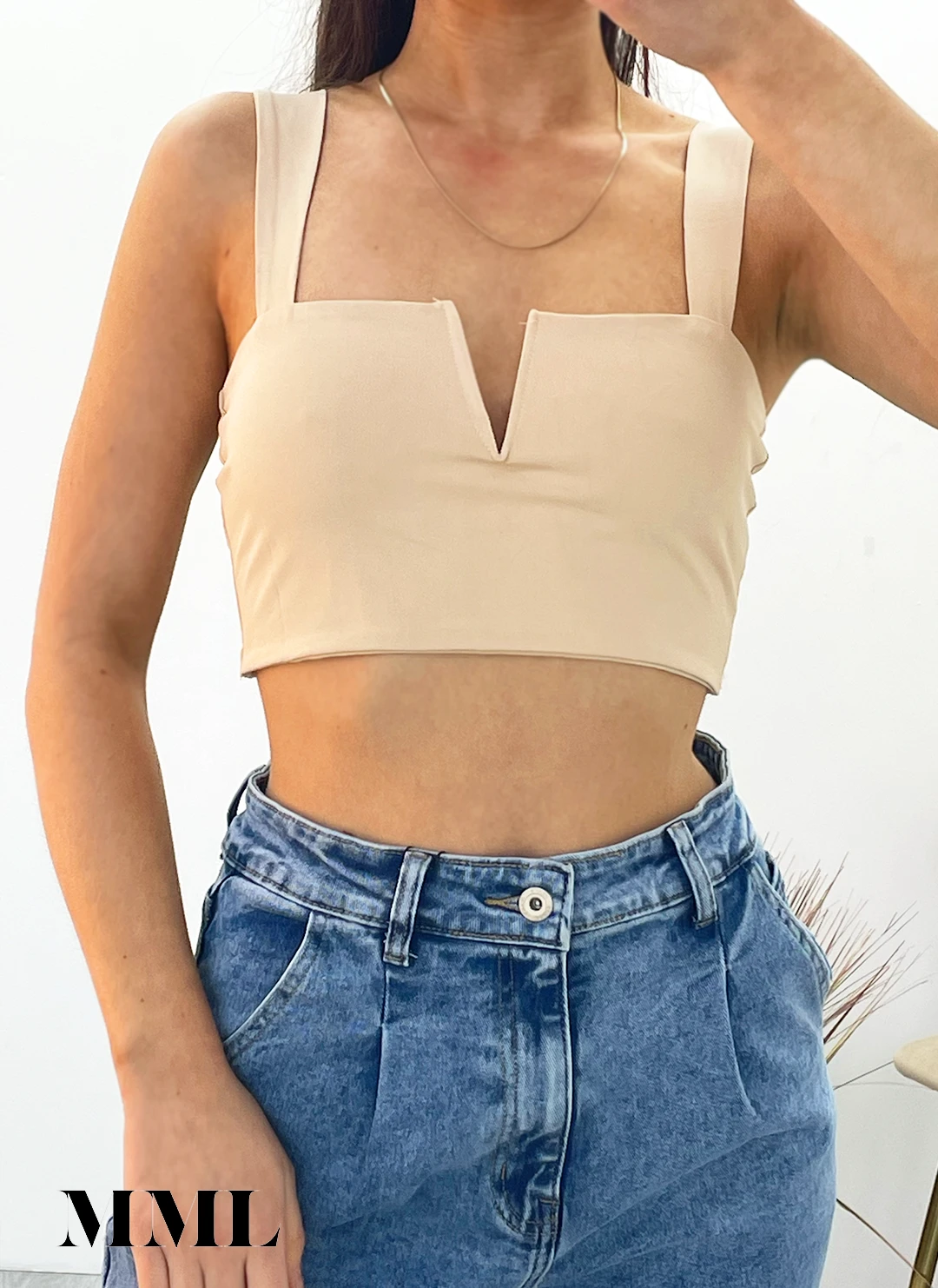 Miss Moda Luxe Beige Slinky V Notch Crop Top 3 Miss Moda Luxe Beige Slinky V Notch Crop Top - Image 3