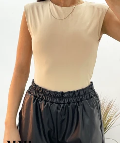 Miss Moda Luxe Beige Slinky Shoulder Pad Sleeveless Bodysuit Top -Miss Moda Luxe Shop beigecloseup 5b265818 bc8d 457c b886 f3f20ba3cf22