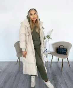 Miss Moda Luxe Beige Long-line Tassel Detailing Puffer Jacket