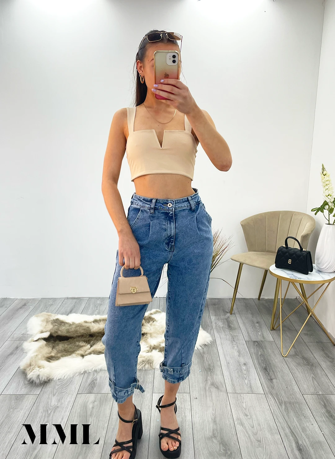 Miss Moda Luxe Beige Slinky V Notch Crop Top 2 Miss Moda Luxe Beige Slinky V Notch Crop Top - Image 2