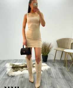 Miss Moda Luxe Beige Ribbed Square Neck Mini Dress