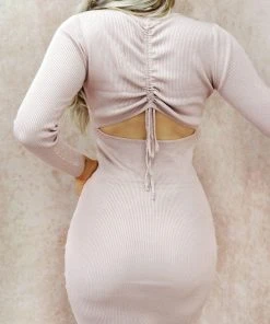 Miss Moda Luxe High Neck Beige Ribbed Backless Dress