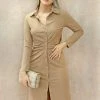 Miss Moda Luxe Tan Midi Split Hem Crepe Button Up Shirt Dress