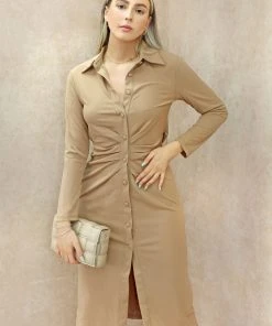 Miss Moda Luxe Tan Midi Split Hem Crepe Button Up Shirt Dress