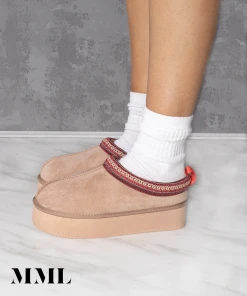 Miss Moda Luxe Beige Tazmin Aztec Detail Faux Fur Lining Platform Slipper