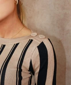 Miss Moda Luxe Beige Striped Knitted Long Sleeve Dress -Miss Moda Luxe Shop beigestripe4 scaled