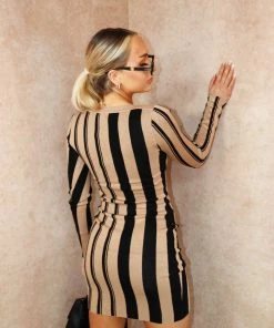 Miss Moda Luxe Beige Striped Knitted Long Sleeve Dress -Miss Moda Luxe Shop beigestripe6 scaled