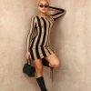 Miss Moda Luxe Beige Striped Knitted Long Sleeve Dress