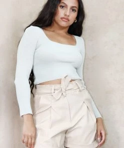 Miss Moda Luxe Stone Square Neck Crop Long Sleeve Top