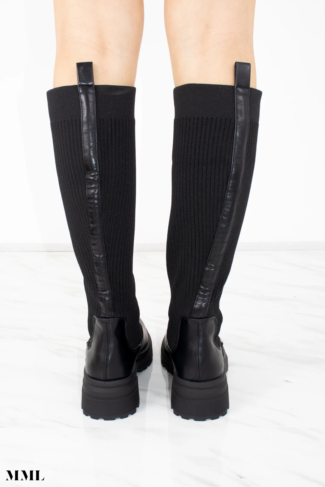 Miss Moda Luxe Black Ribbed Knee High Sock Boot With Leather Detail 4 Miss Moda Luxe Black Ribbed Knee High Sock Boot With Leather Detail - Image 4