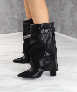 Miss Moda Luxe Black Faux Leather Fold Over Buckle Shark Boot Mid