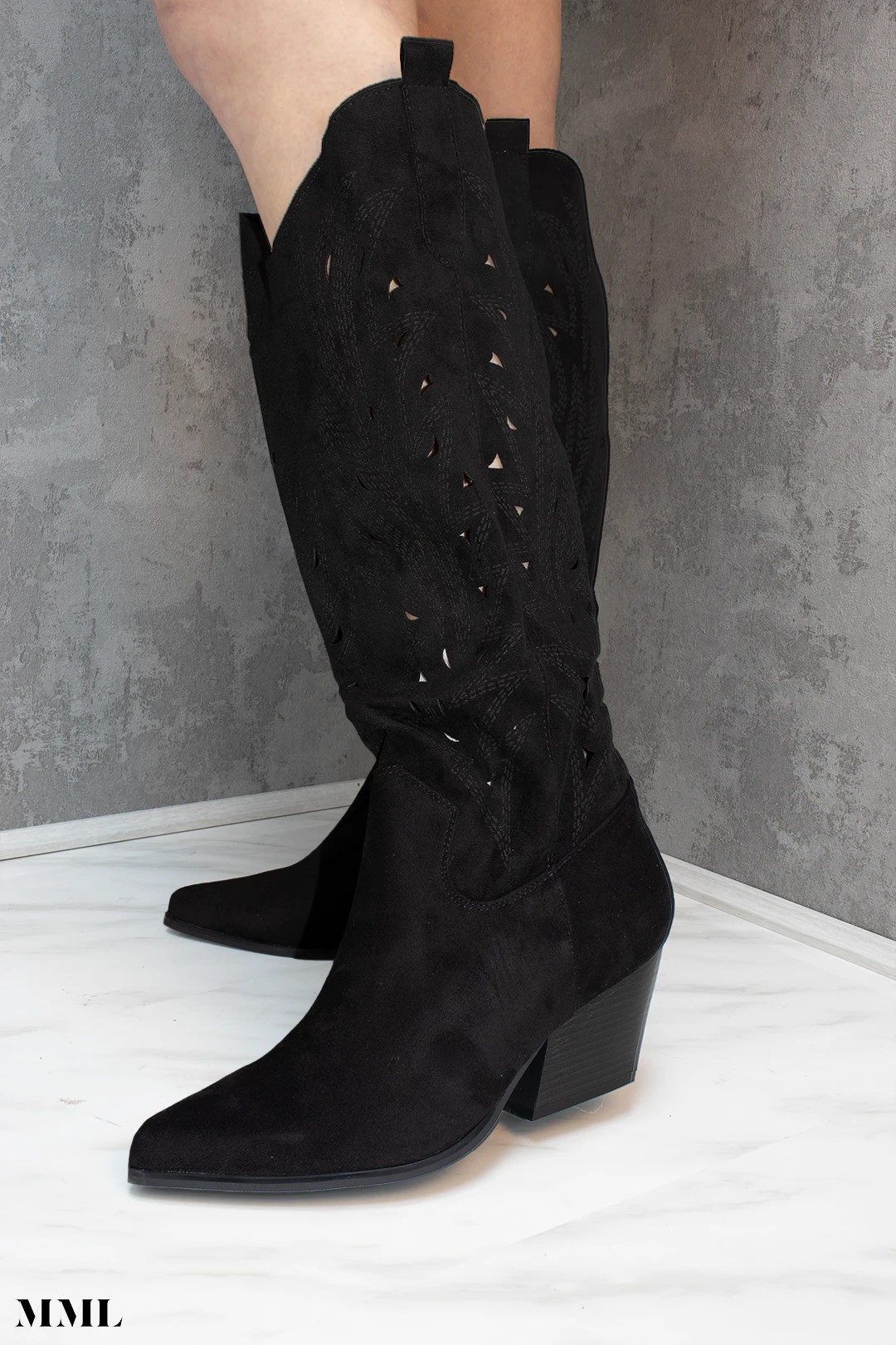 Miss Moda Luxe Black Faux Suede Western Style Knee High Cut Out Cowboy Boot 2 Miss Moda Luxe Black Faux Suede Western Style Knee High Cut Out Cowboy Boot - Image 2