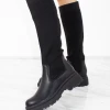 Miss Moda Luxe Black Ribbed Knee High Sock Boot With Leather Detail