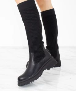 Miss Moda Luxe Black Ribbed Knee High Sock Boot With Leather Detail