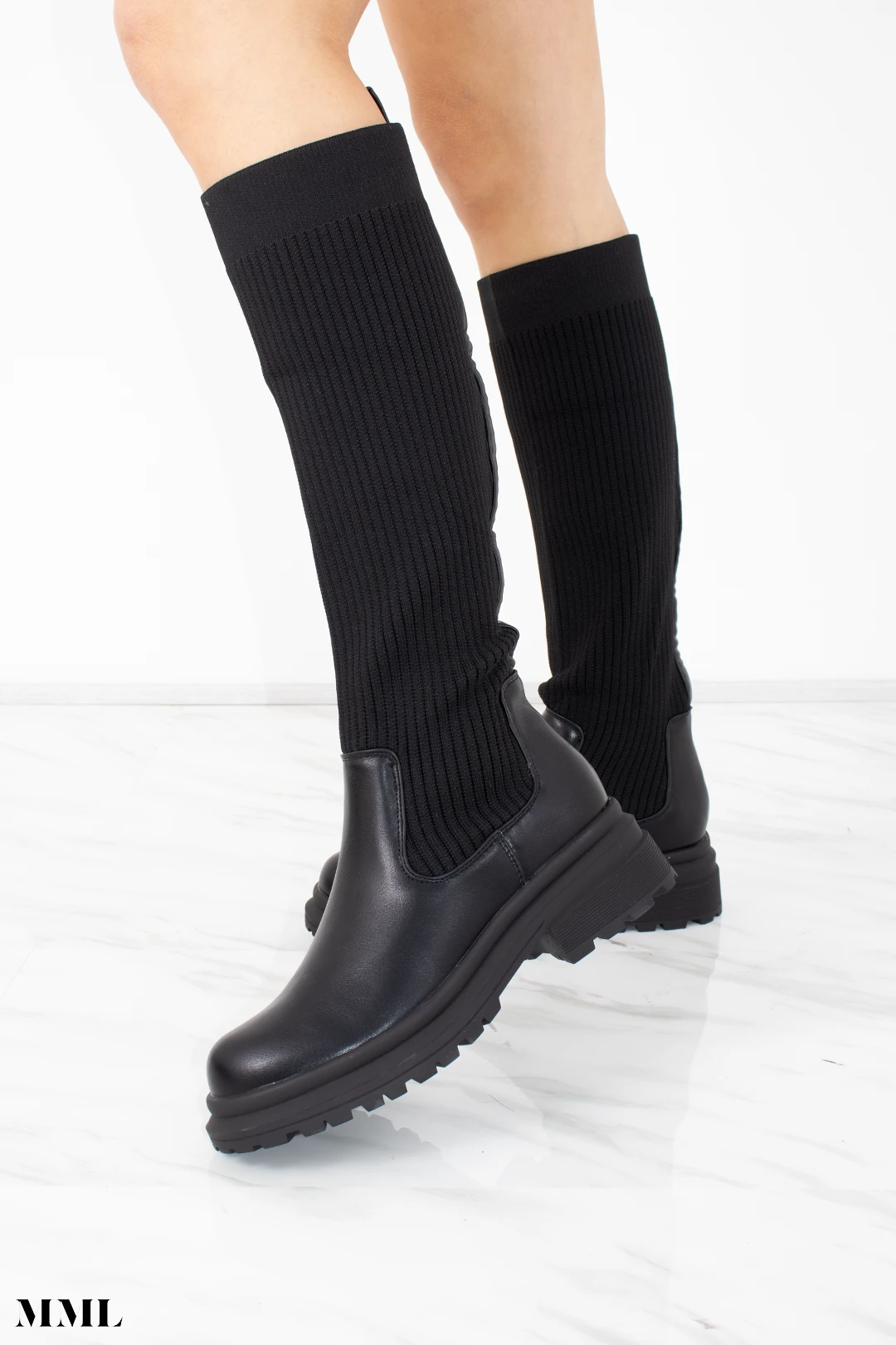 Miss Moda Luxe Black Ribbed Knee High Sock Boot With Leather Detail 1 Miss Moda Luxe Black Ribbed Knee High Sock Boot With Leather Detail