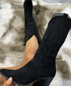 Miss Moda Luxe Black Almond Toe Mid Calf Embroidered Cowboy Boot