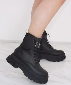 Miss Moda Luxe Black Chunky Matte Faux Leather Platform Boots With Side Pouch