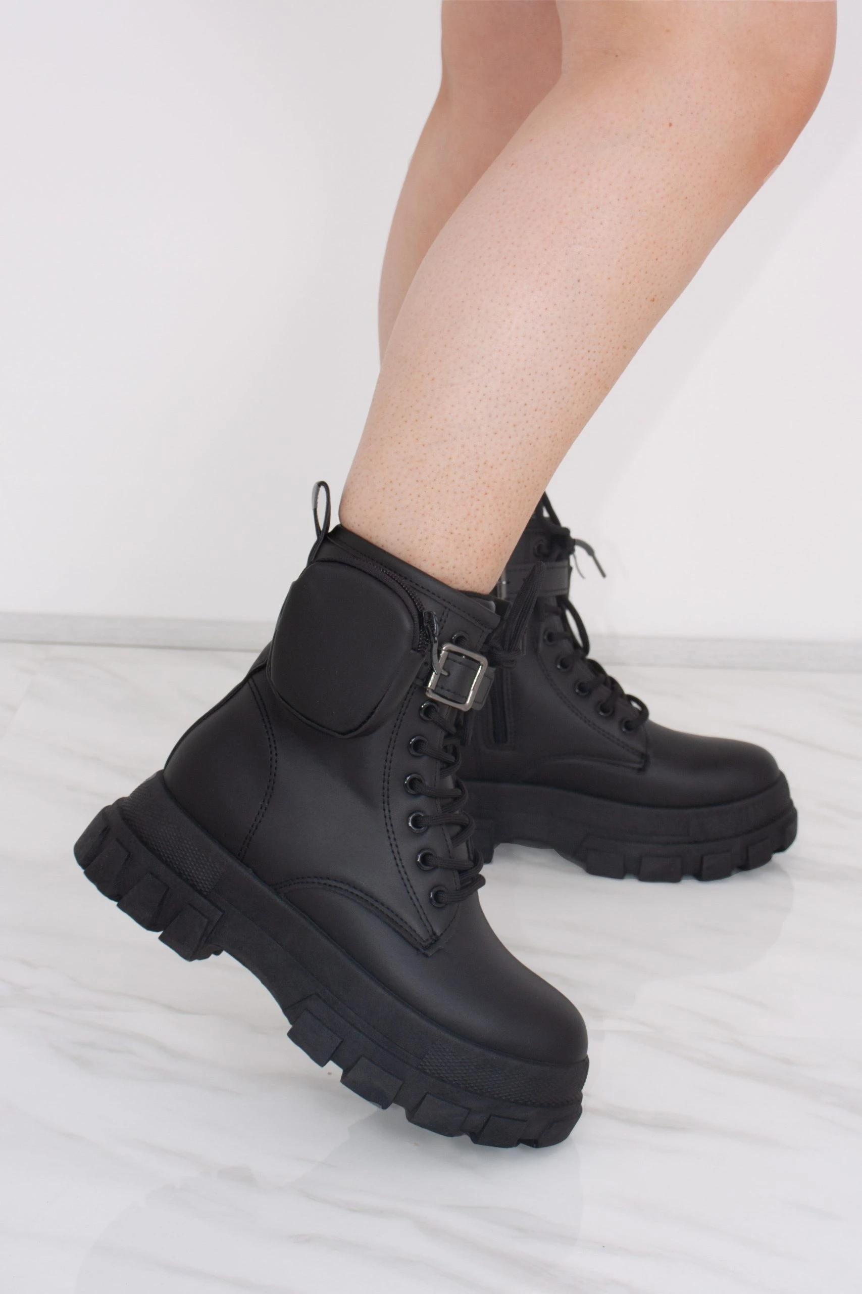 Miss Moda Luxe Black Chunky Matte Faux Leather Platform Boots With Side Pouch 1 Miss Moda Luxe Black Chunky Matte Faux Leather Platform Boots With Side Pouch