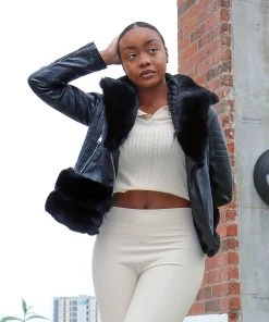 Miss Moda Luxe Black Faux Leather Jacket With Fur Trim