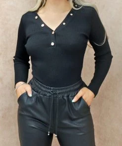 Miss Moda Luxe Black Soft Knit Button Up Bodysuit