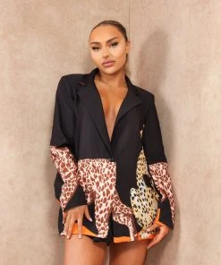 Miss Moda Luxe Black Premium Cheetah Graphic Print Colour-block Blazer