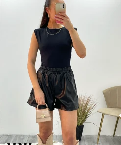 Miss Moda Luxe Black Slinky Shoulder Pad Sleeveless Bodysuit Top