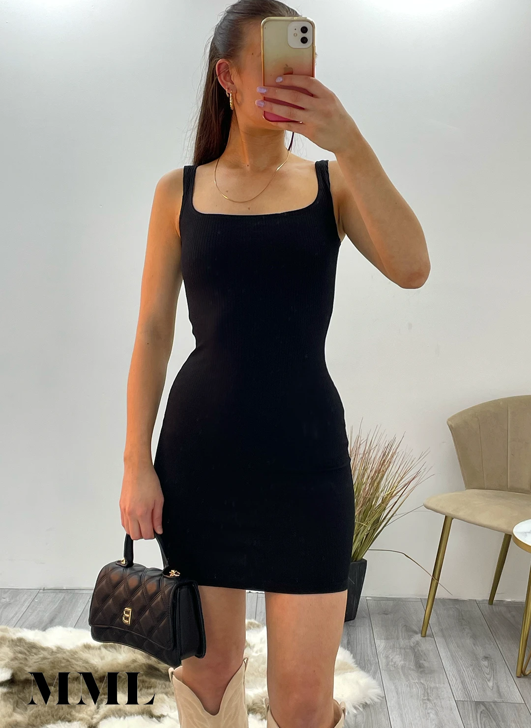 Miss Moda Luxe Black Ribbed Square Neck Mini Dress 2 Miss Moda Luxe Black Ribbed Square Neck Mini Dress - Image 2