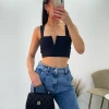 Miss Moda Luxe Black Slinky V Notch Crop Top