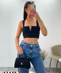 Miss Moda Luxe Black Slinky V Notch Crop Top