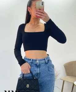 Miss Moda Luxe Black Ribbed Square Neck Long Sleeve Crop Top