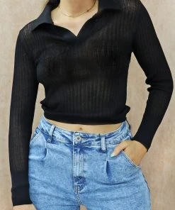 Miss Moda Luxe Black Ribbed Collar Long-sleeve Top. -Miss Moda Luxe Shop blackcollartop4